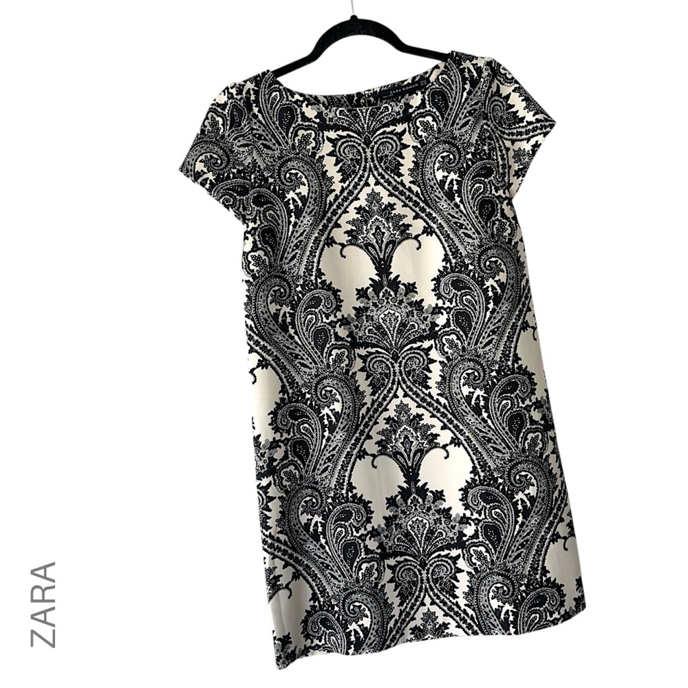 ZARA WOMAN NWOT BLACK & WHITE PAISLEY VICTORIAN PRINT DRESS SHORT SLEEVE | XS